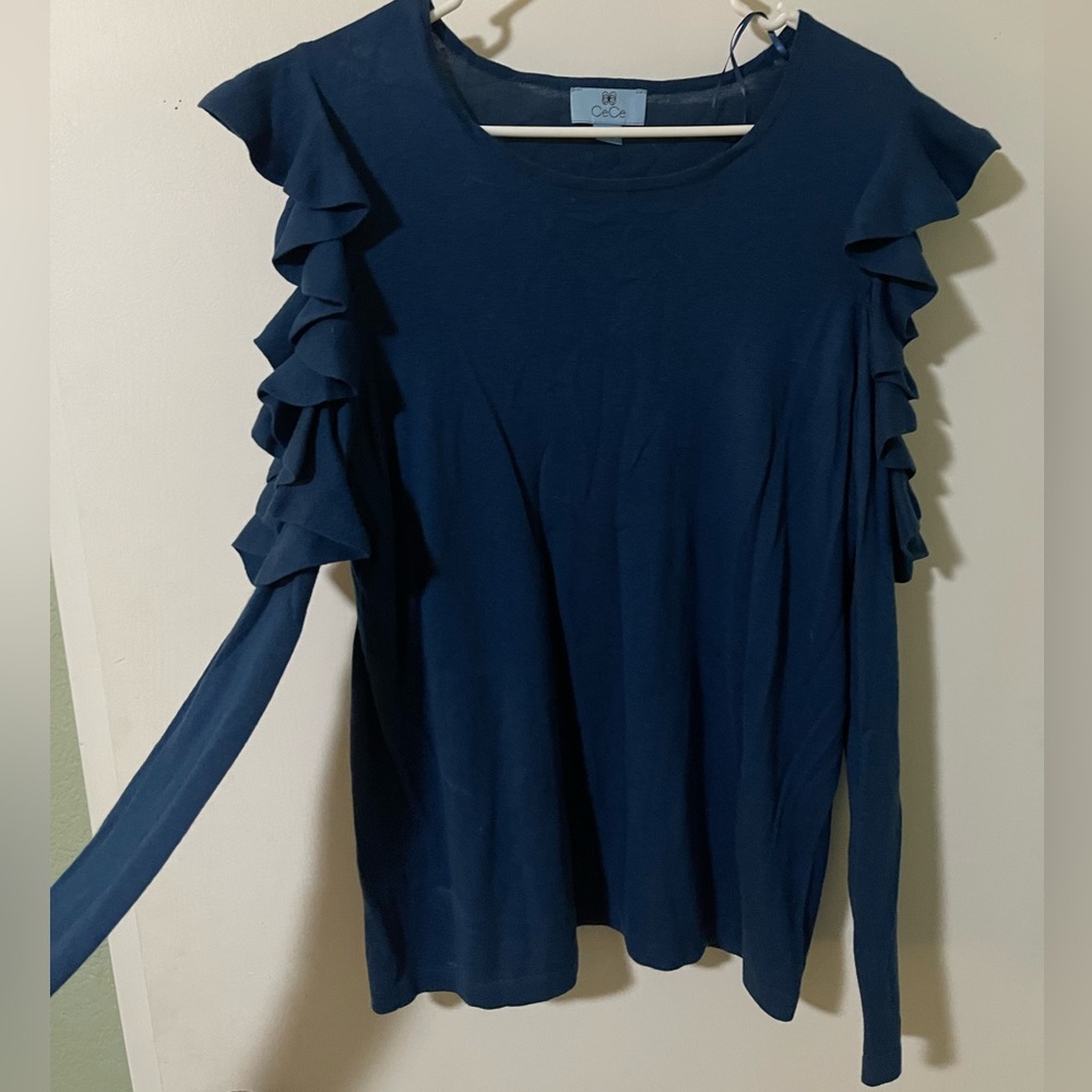 CeCe Turquoise Ruffle Shoulder Sweater - Picture 4 of 7